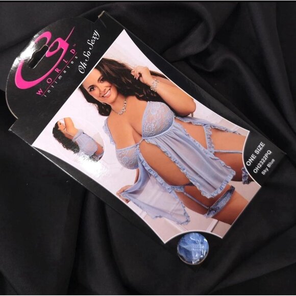 G World Plus Size Babydoll Lingerie Set 3pc Sky Blue Sexy Outfit - Picture 9 of 9